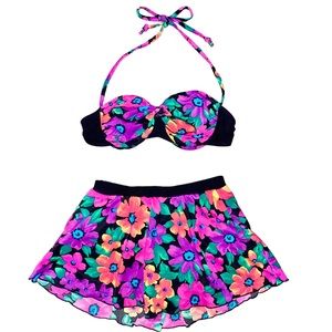 S VTG 90’s Carol Wior Neon Floral 2pc Bikini Underwire Halter Top Skirt Swimsuit